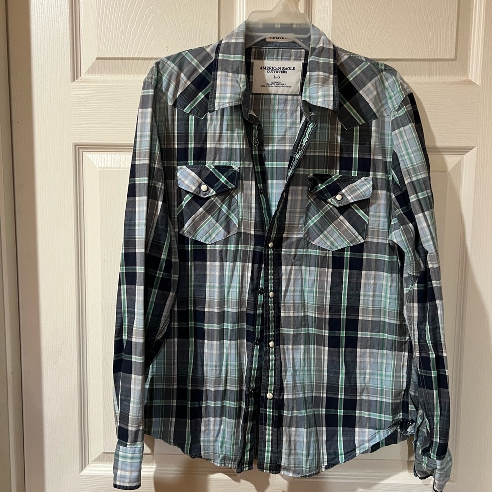 American Eagle Outfitters Men's Casual Plaid Shirt - Navy and Light Green